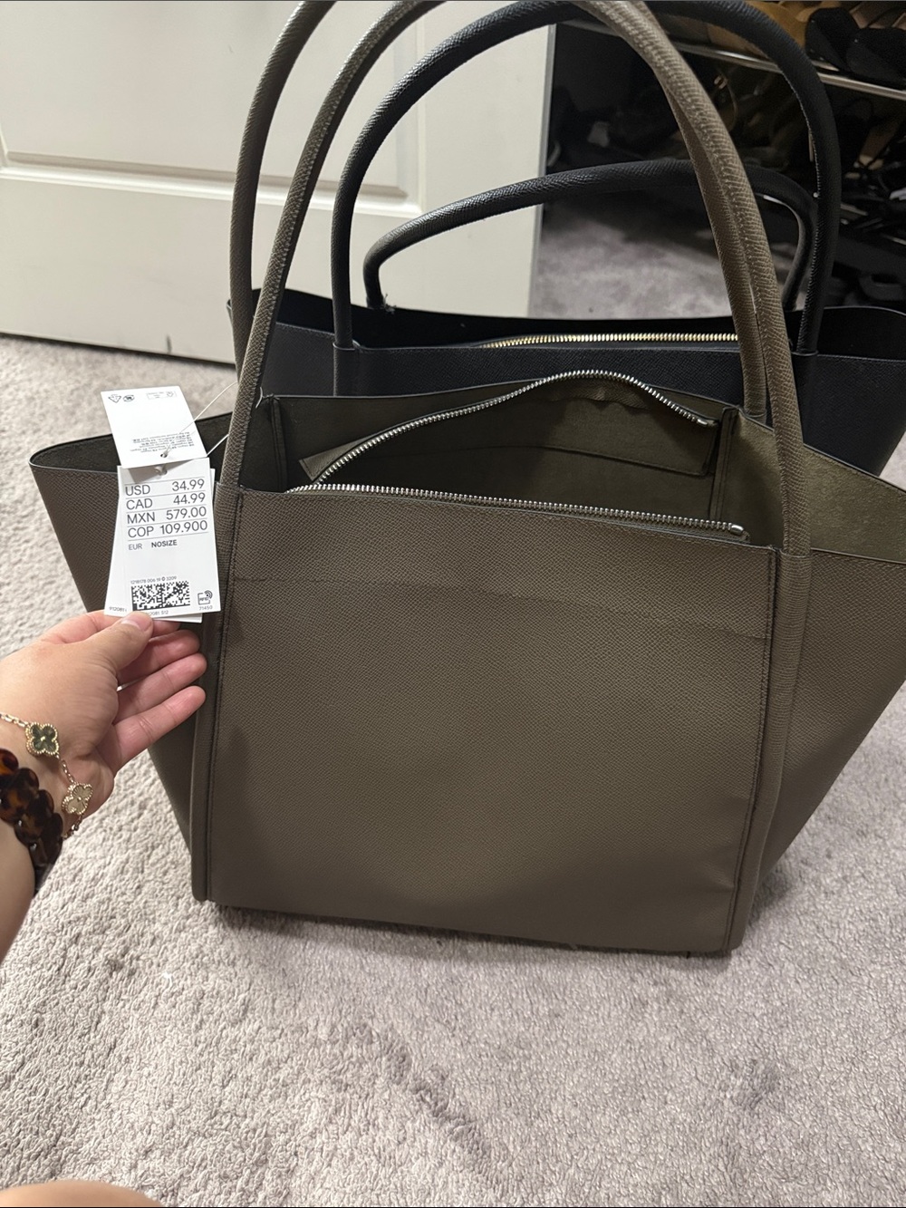 Everyday taupe Tote with Top Zip and Front Pocket
